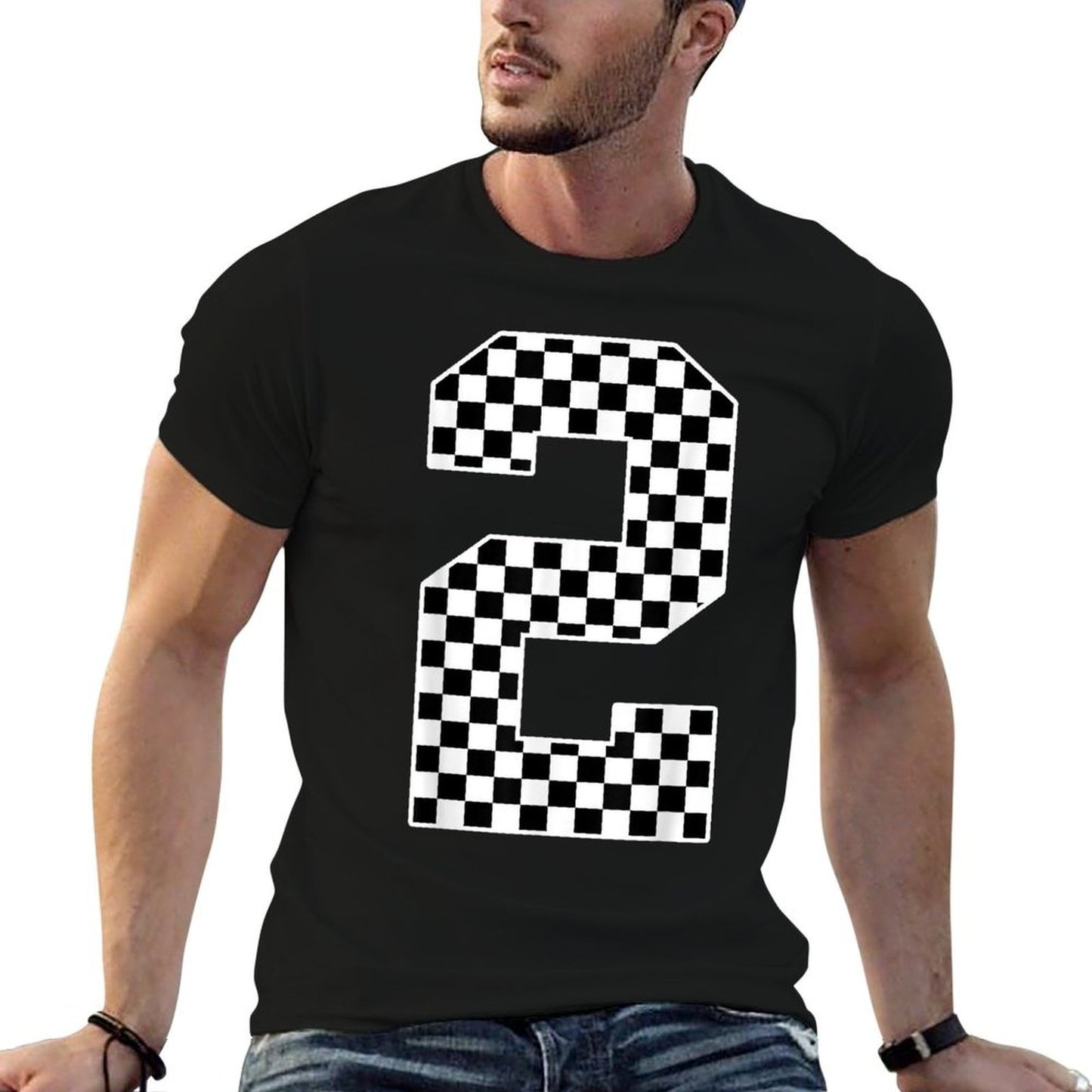 2nd Birthday Race Car Two 2 Year Old Checkered Lightweight T-Shirt