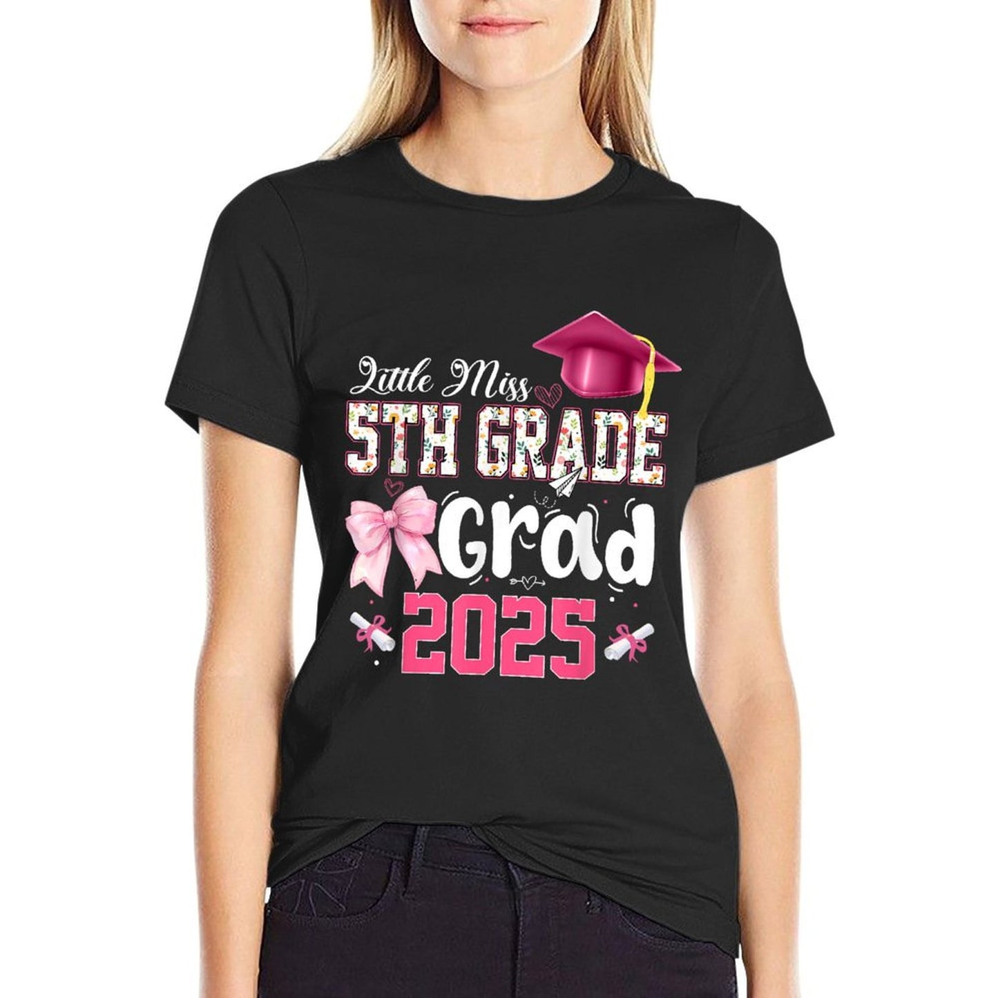 Little Miss 5th Grade Graduation Graduate Coquette Bow Kids Rolled Sleeves T-Shirt