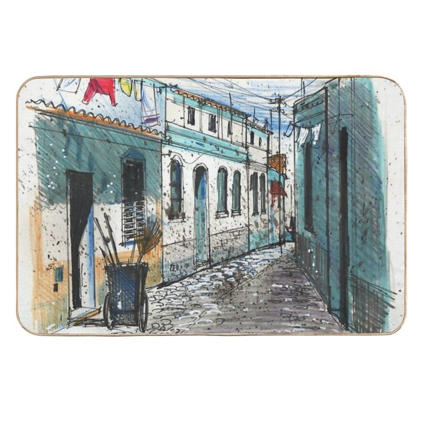 Framed Print Artwork Showing Village Sidestreet, Ferragudo, Portugal Eco-Friendly Bath Mat