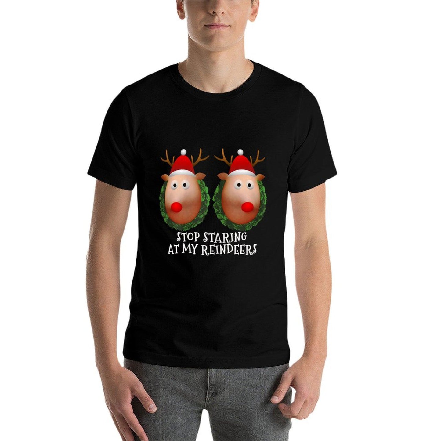 Womens Stop Staring at My Reindeers Boobs Ugly Gag Xmas Sweater Polyester Blend T-Shirt