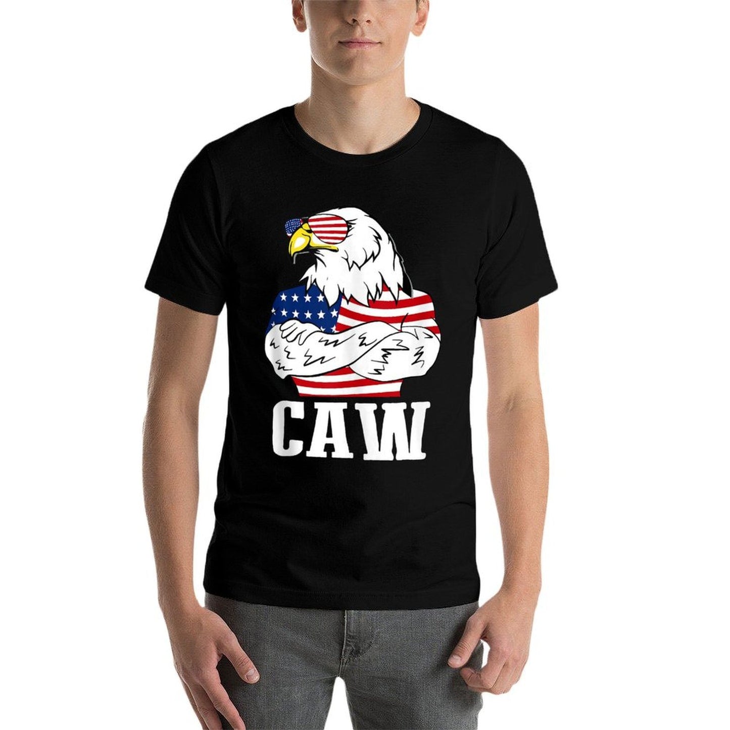 Patriotic Bald Eagle Caw 4th of July American American Ribbed Collar T-Shirt