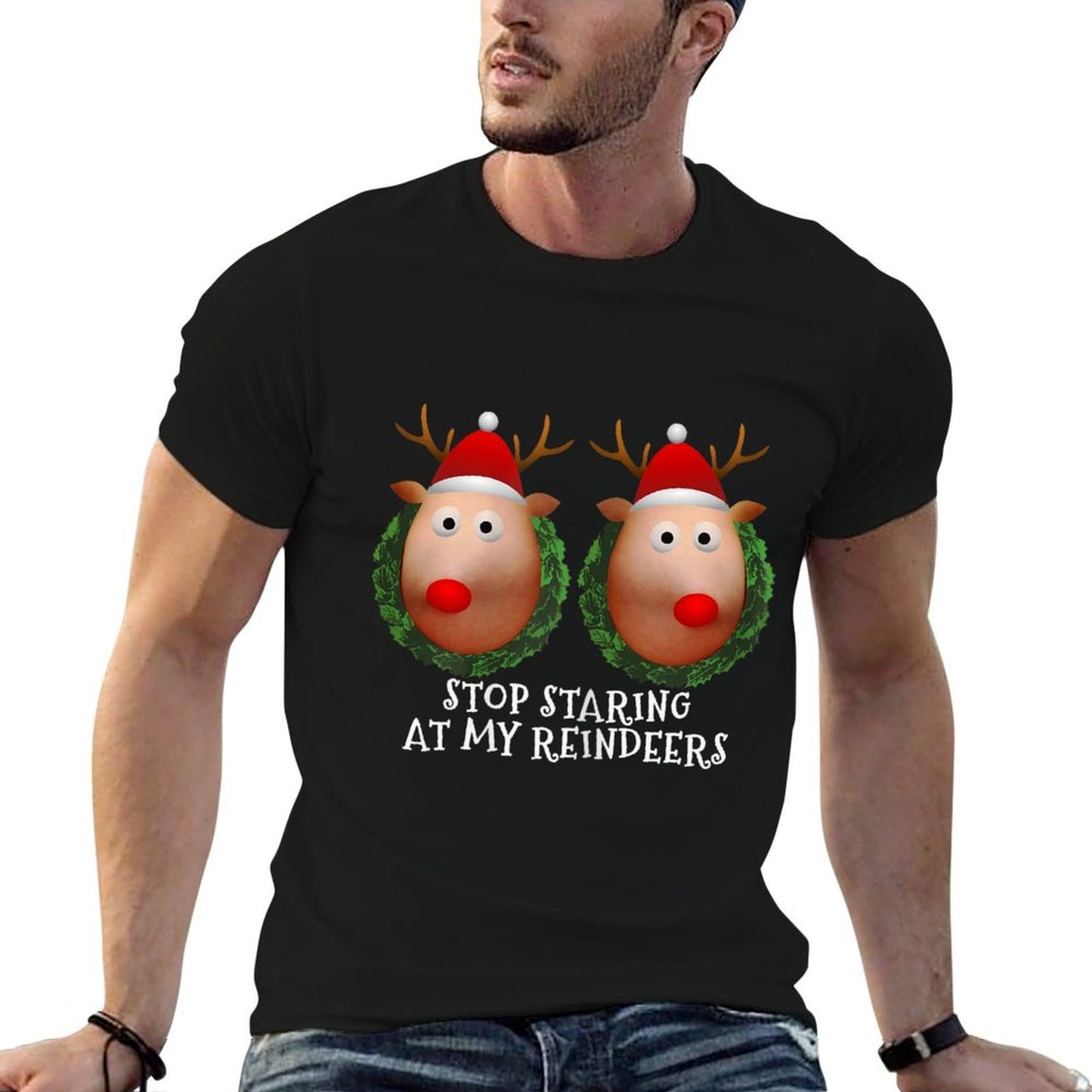 Womens Stop Staring at My Reindeers Boobs Ugly Gag Xmas Sweater Polyester Blend T-Shirt
