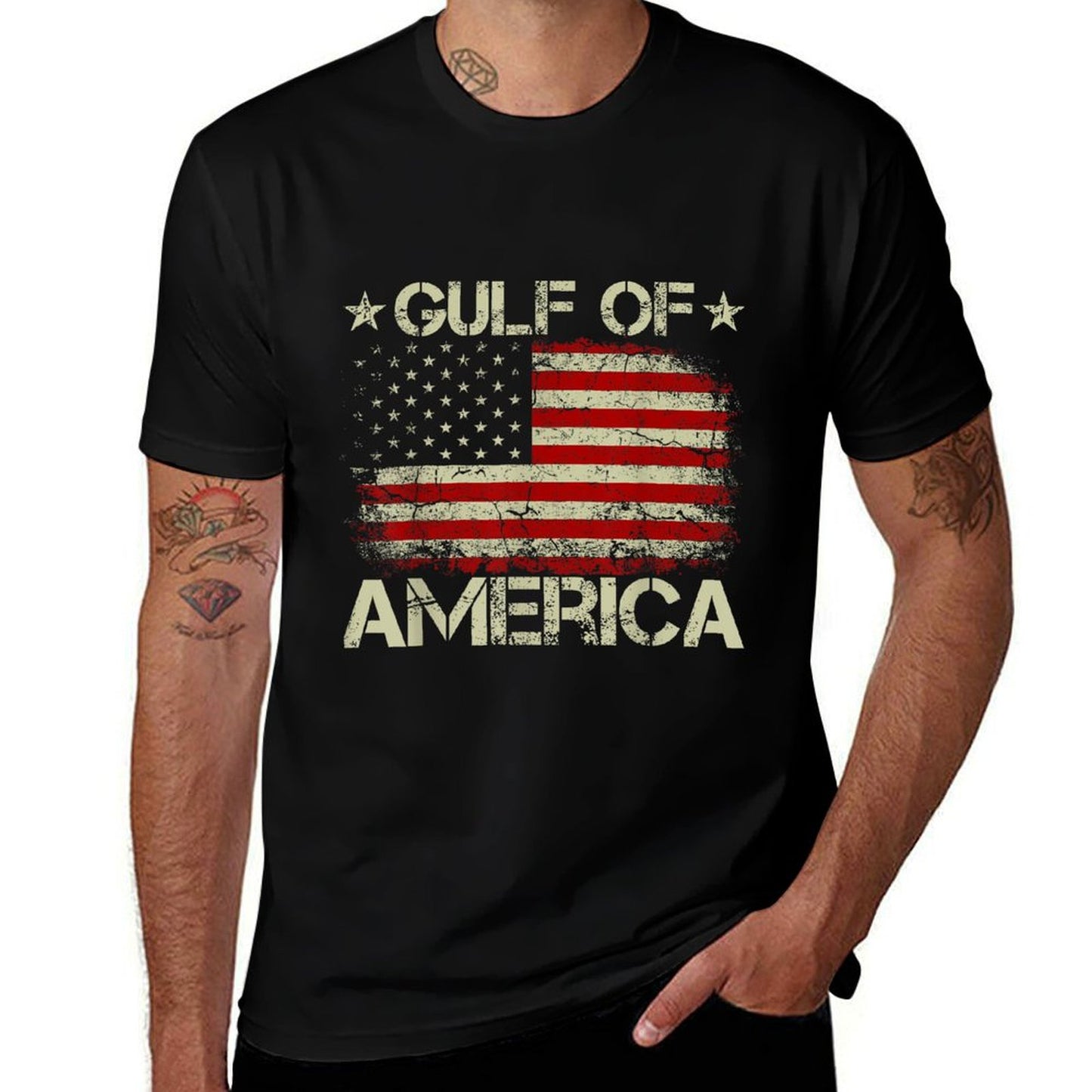 Gulf of USA America Vintage American Flag Patriotic Ribbed Collar T-Shirt
