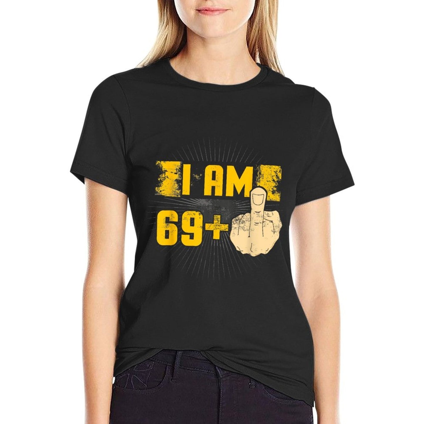 I Am 69 Plus One Middle Finger Funny 70th Birthday Ribbed Collar T-Shirt