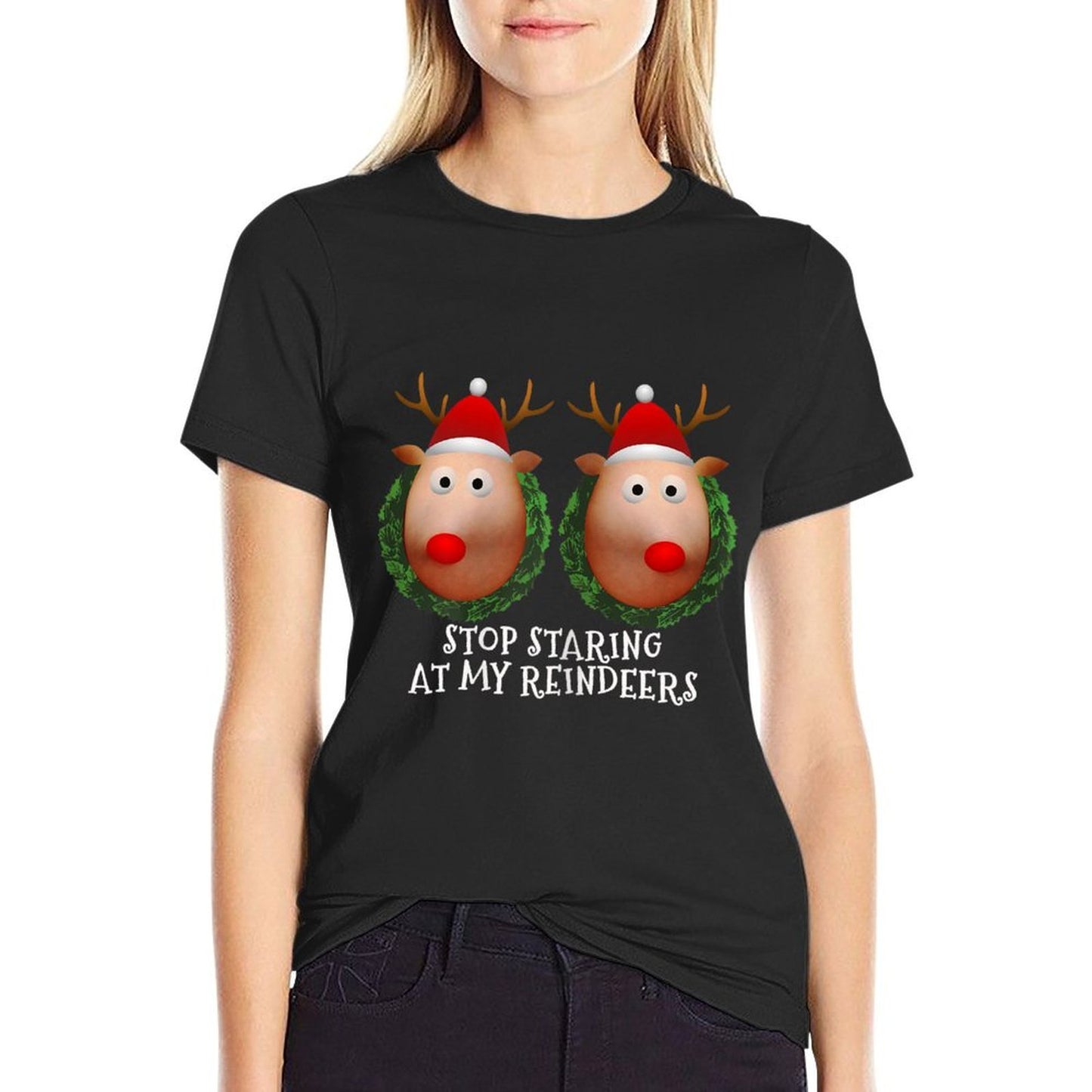 Womens Stop Staring at My Reindeers Boobs Ugly Gag Xmas Sweater Polyester Blend T-Shirt