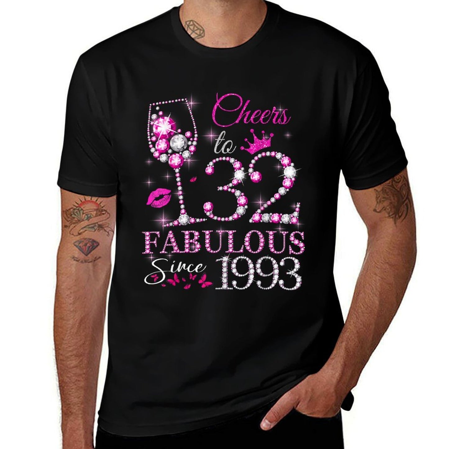 Womens Cheers to 32 Years Old EST 1993 32nd Birthday Queen Trendy Pattern T-Shirt