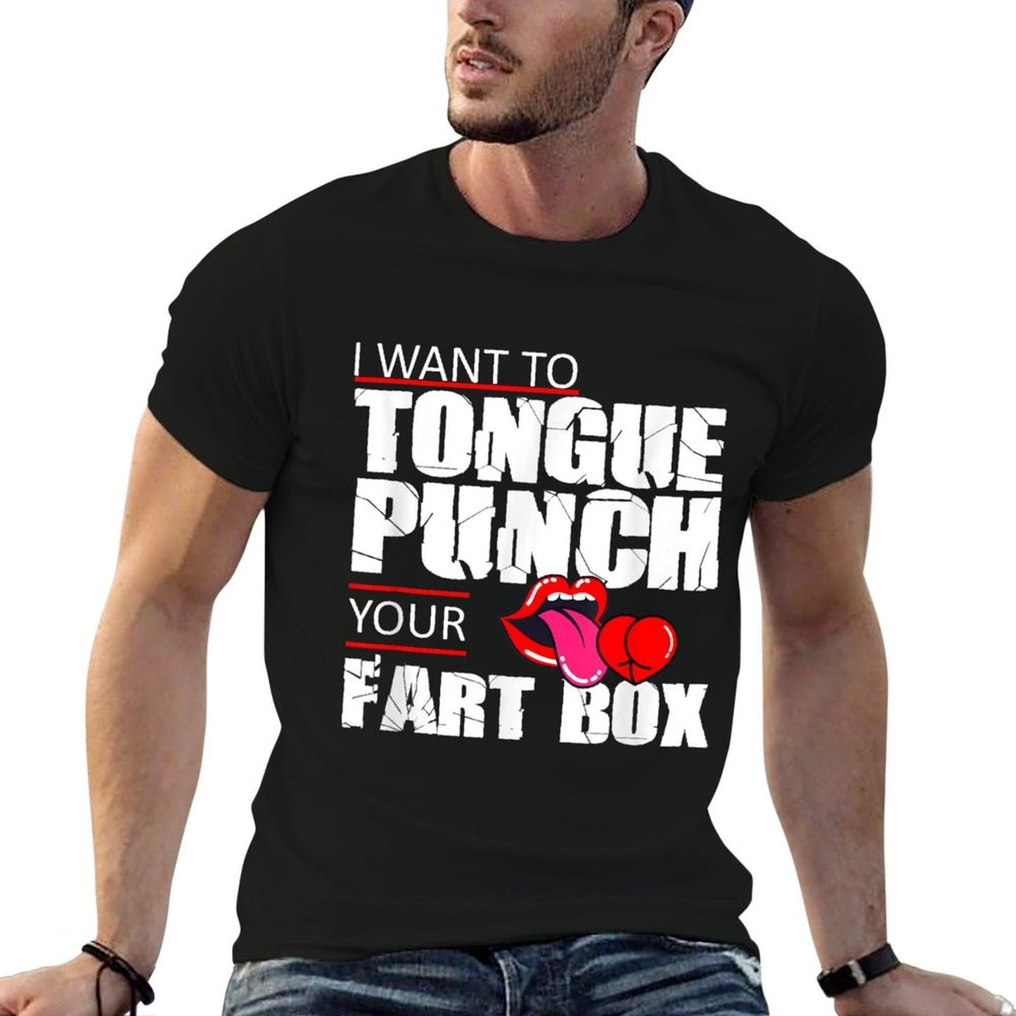Tongue Fart Box Punch Funny Word Pun Humor Sarcasm Joke Gag Ribbed Collar T-Shirt