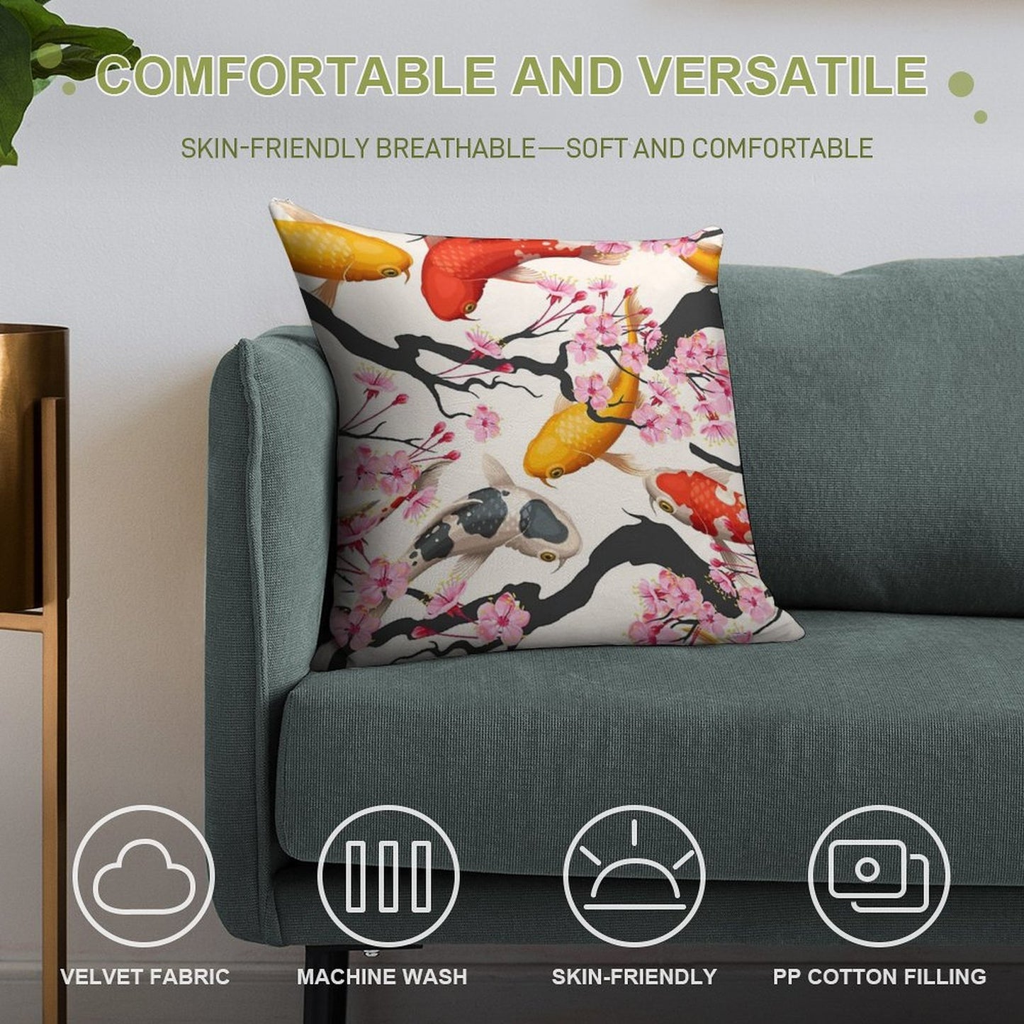 Koi Carp with Sakura Plant Soft Warmth Comfort Throw Pillow