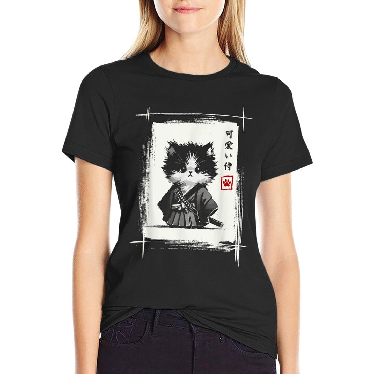 Samurai Cat Japanese Art Sumi-e Novelty Kawaii Funny Cat Relaxed-fit T-Shirt