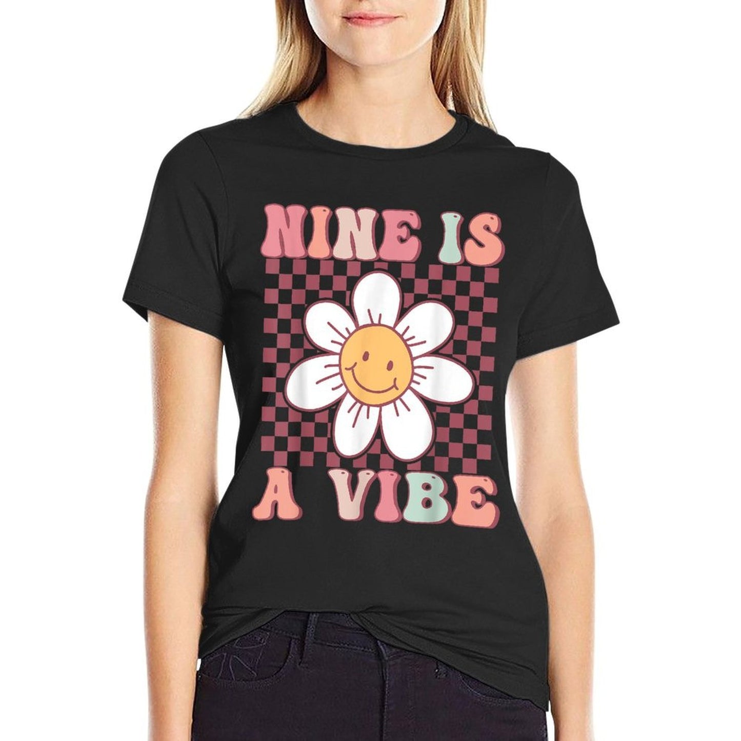 Nine Is A Vibe Cute Groovy 9th Birthday Party Daisy Flower Oversized Silhouette T-Shirt
