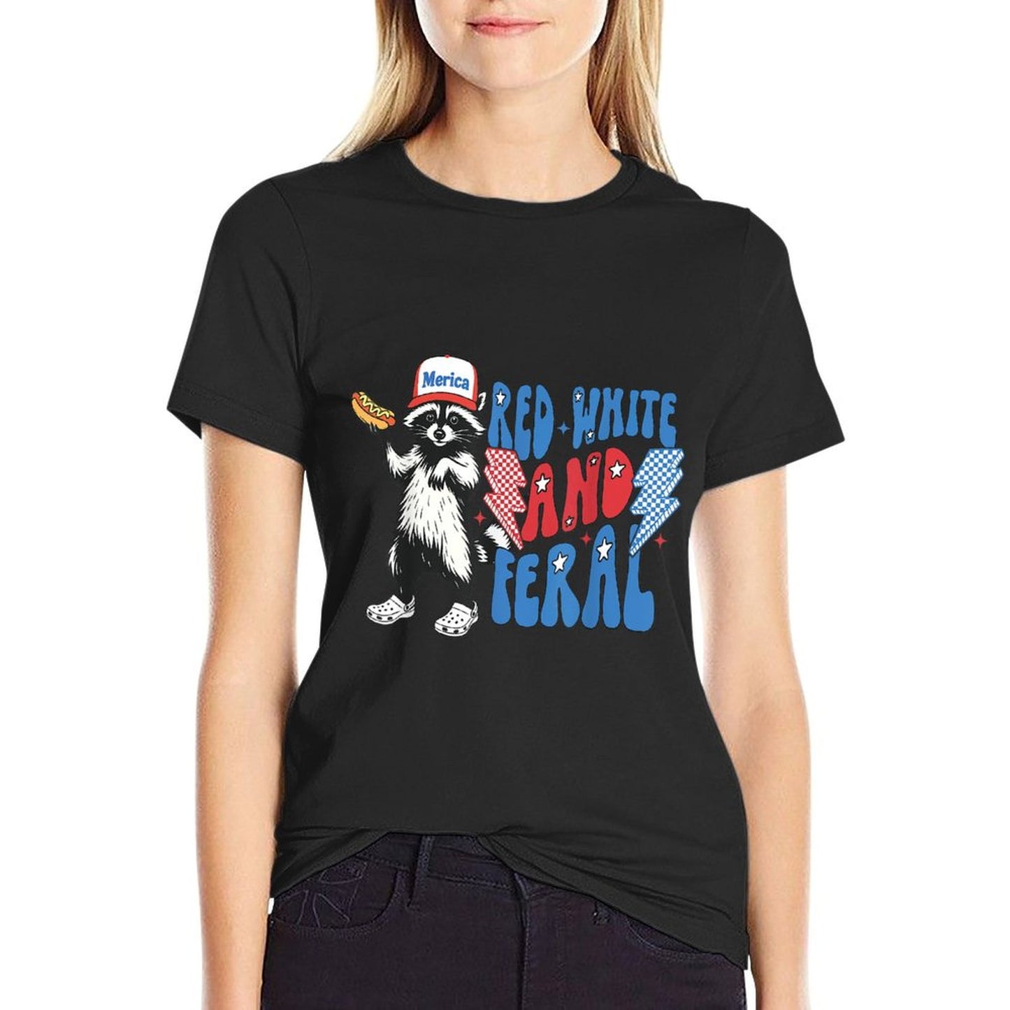 Red White And Feral Funny Raccoon 4th of July Patriotic Eco-friendly Material T-Shirt