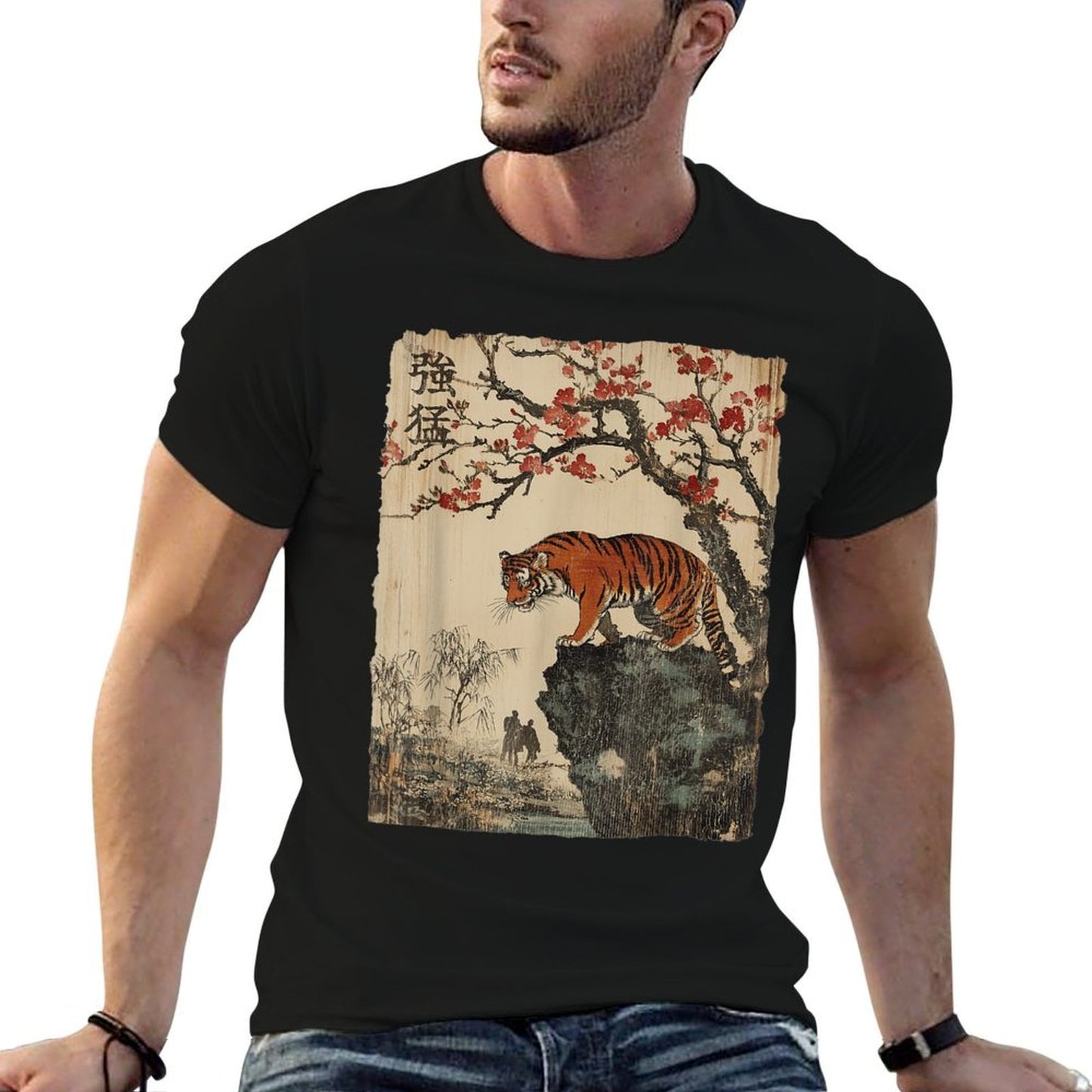 Vintage Japanese Tiger with Cherry Blossoms Tree Woodblock Polyester Blend T-Shirt
