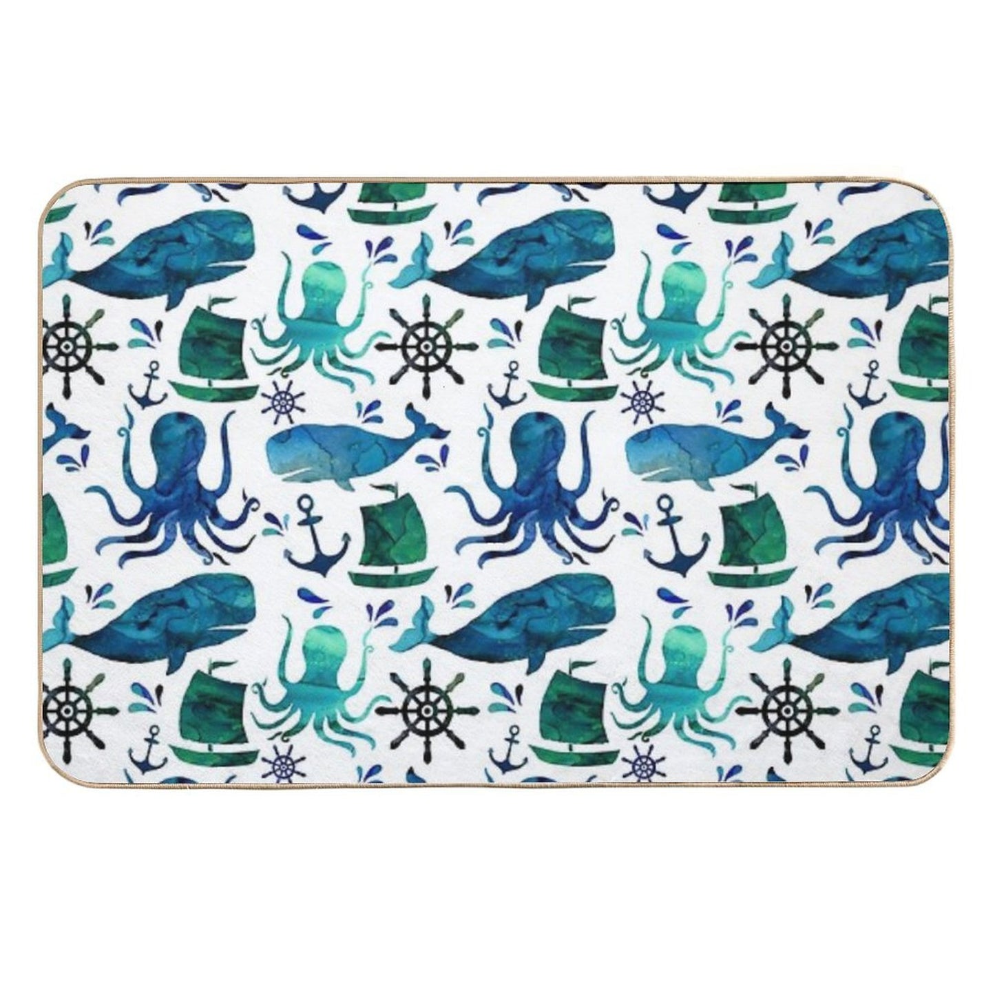 Watercolor Ocean Nautical Whale Octopus Slip-Resistant Bath Mat
