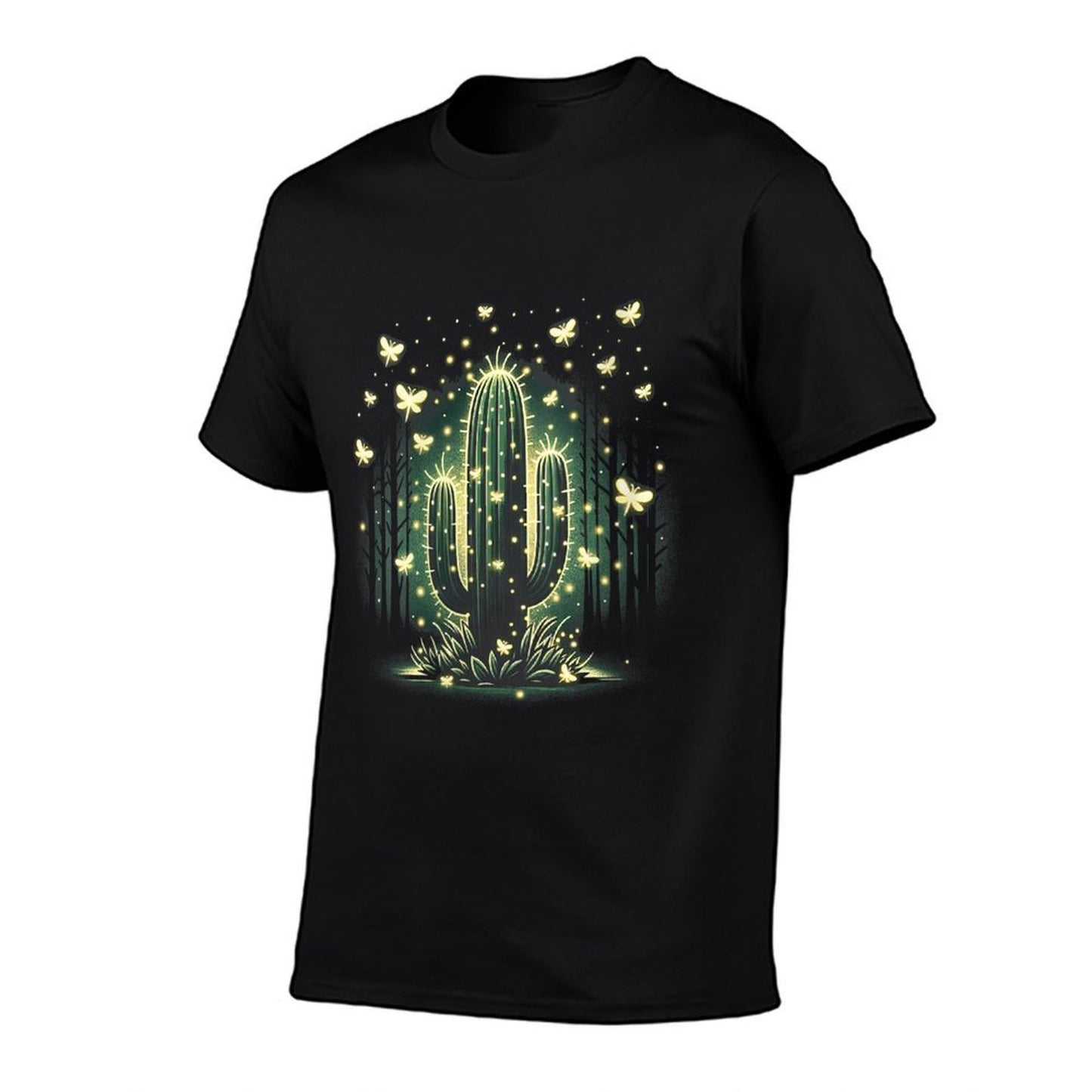 Womens Firefly Glow Cactus - Mystical Forest Night Ribbed Collar T-Shirt
