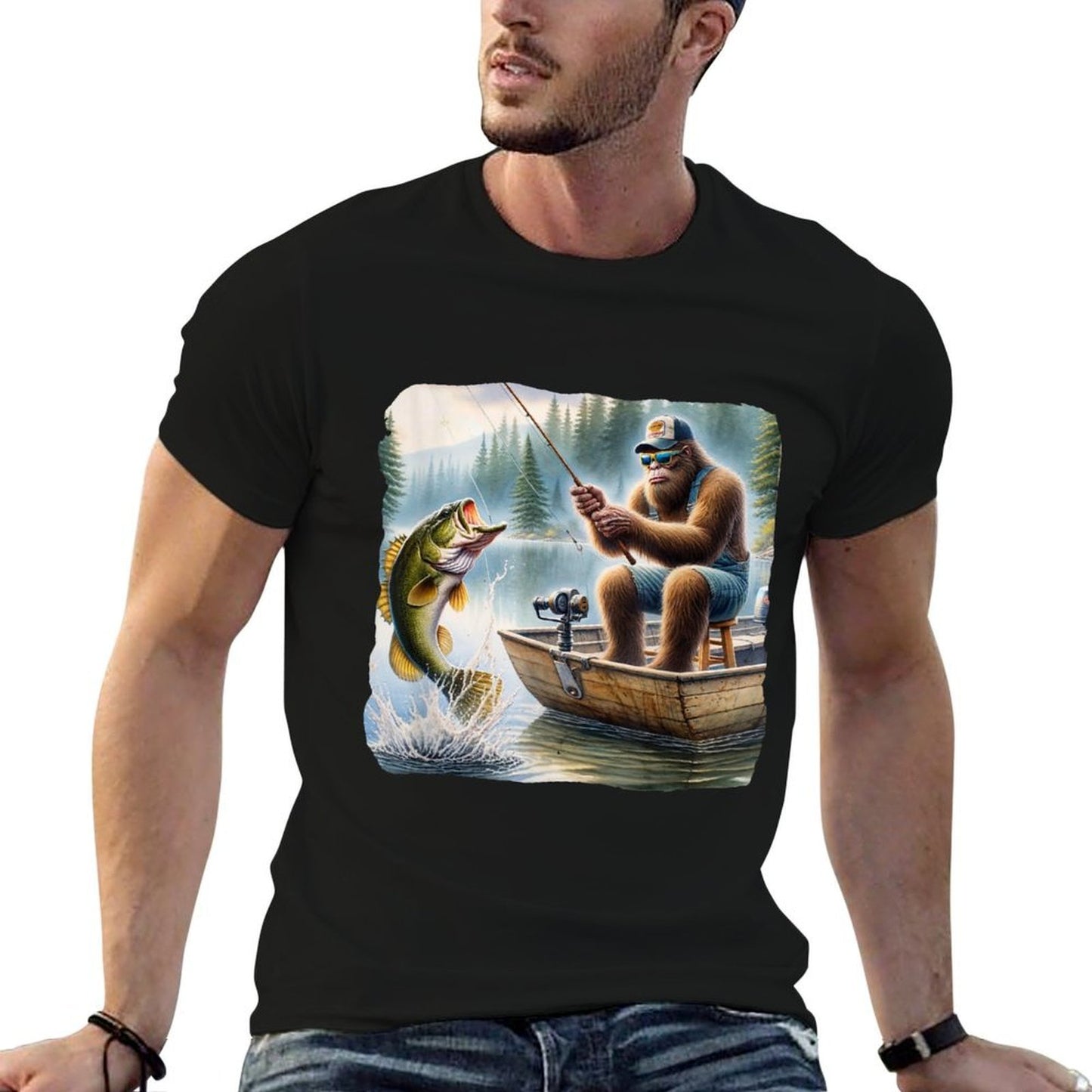 Bigfoot Fishing Funny Sasquatch Summer Bass Fisherman Soft T-Shirt