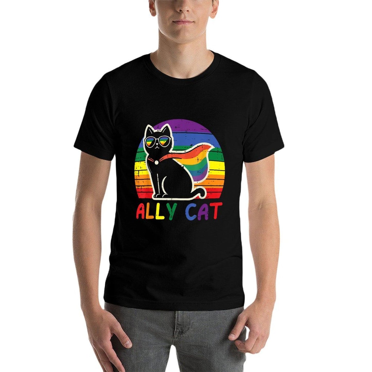 Gay Pride Month Ally Cat Funny LGBTQ Rainbow Men Women Kids Moisture-wicking T-Shirt