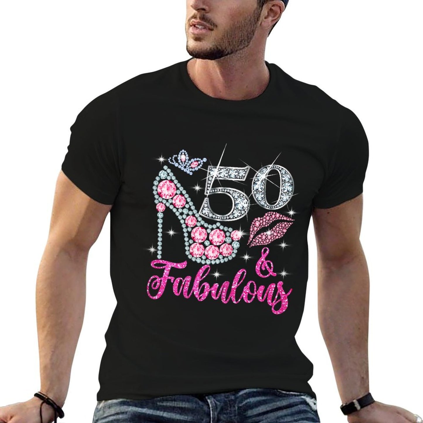 50 & Fabulous Diamond Crown Shoes Queen 50 Yrs Old Birthday Fade-proof Color T-Shirt