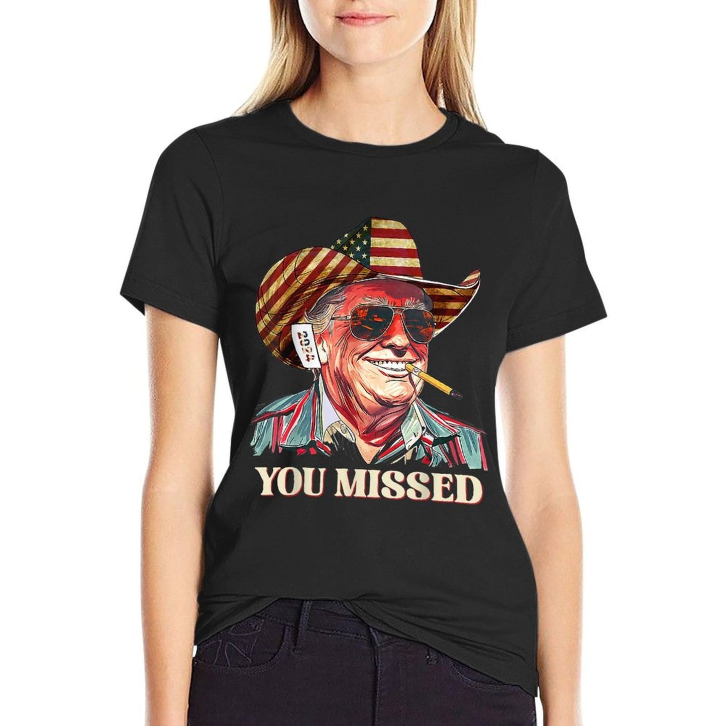 Western Trump Cowboy You Missed American Flag Cowboy Hat Polyester Blend T-Shirt