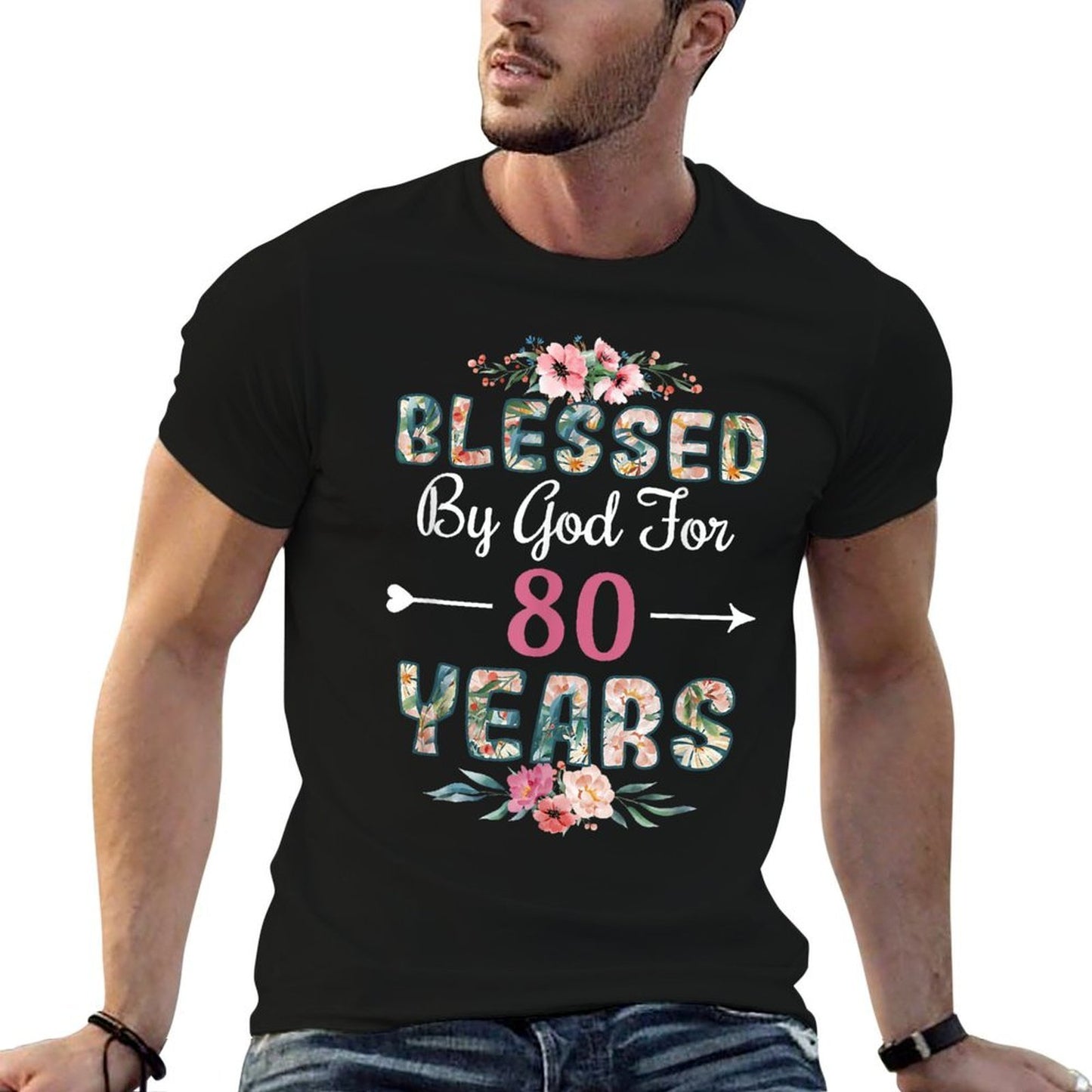 80th Birthday Man Woman Blessed by God for 80 Years High-quality Stitching T-Shirt
