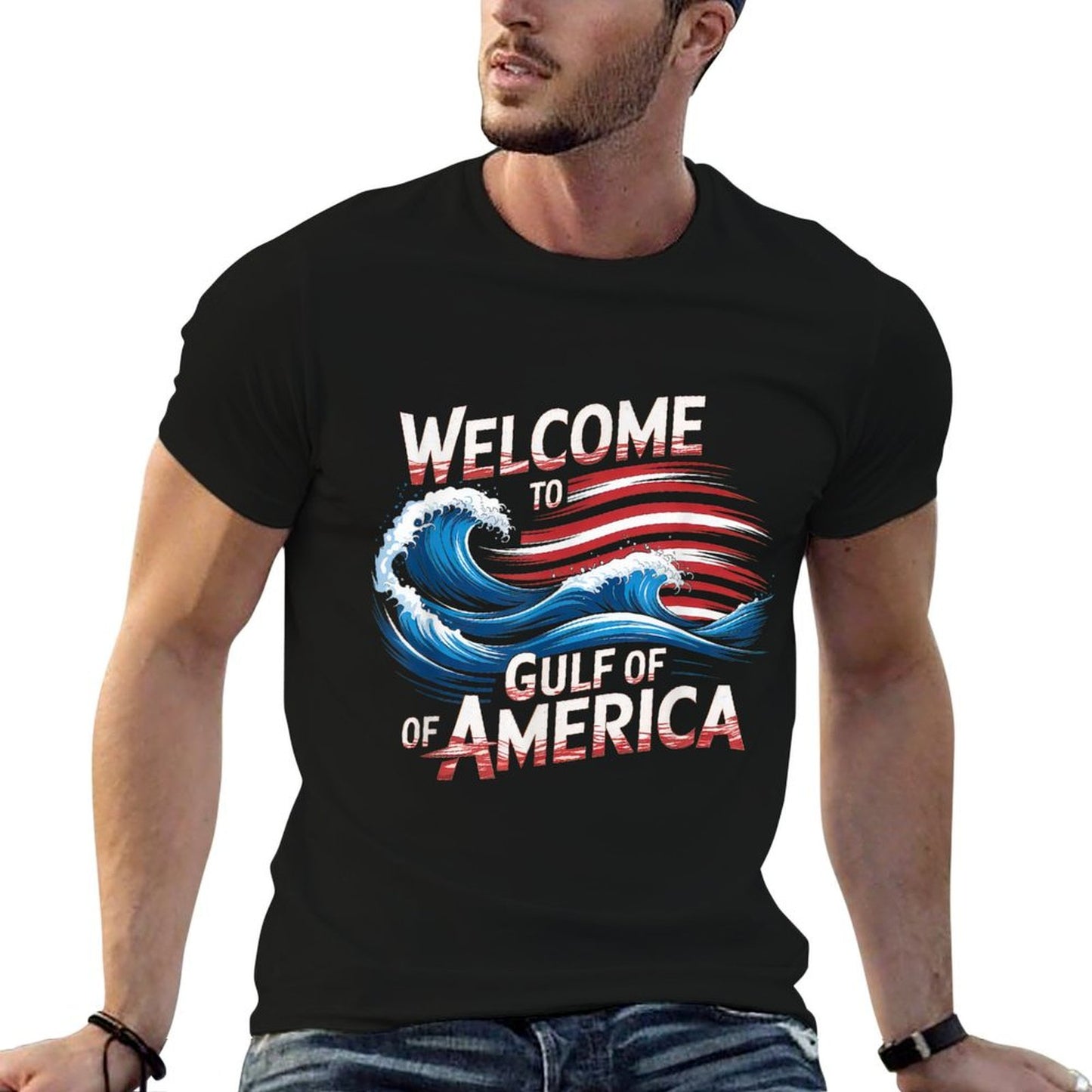 Gulf Of USA America Gift Men Women Flag Beach Ribbed Collar T-Shirt