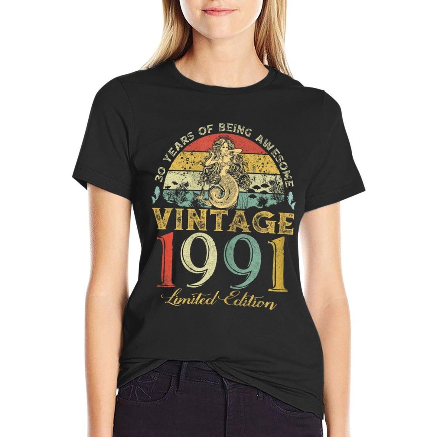 Womens Vintage 1991 Sunset Mermaid 30 Years Old 30th Birthday Tagless Design T-Shirt