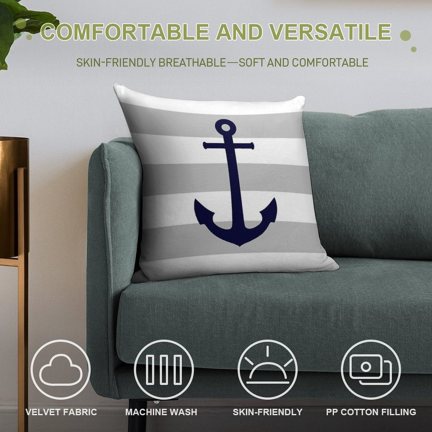 Nautical Navy Blue Anchor On Gray Stripes Soft High-Density Material Throw Pillow