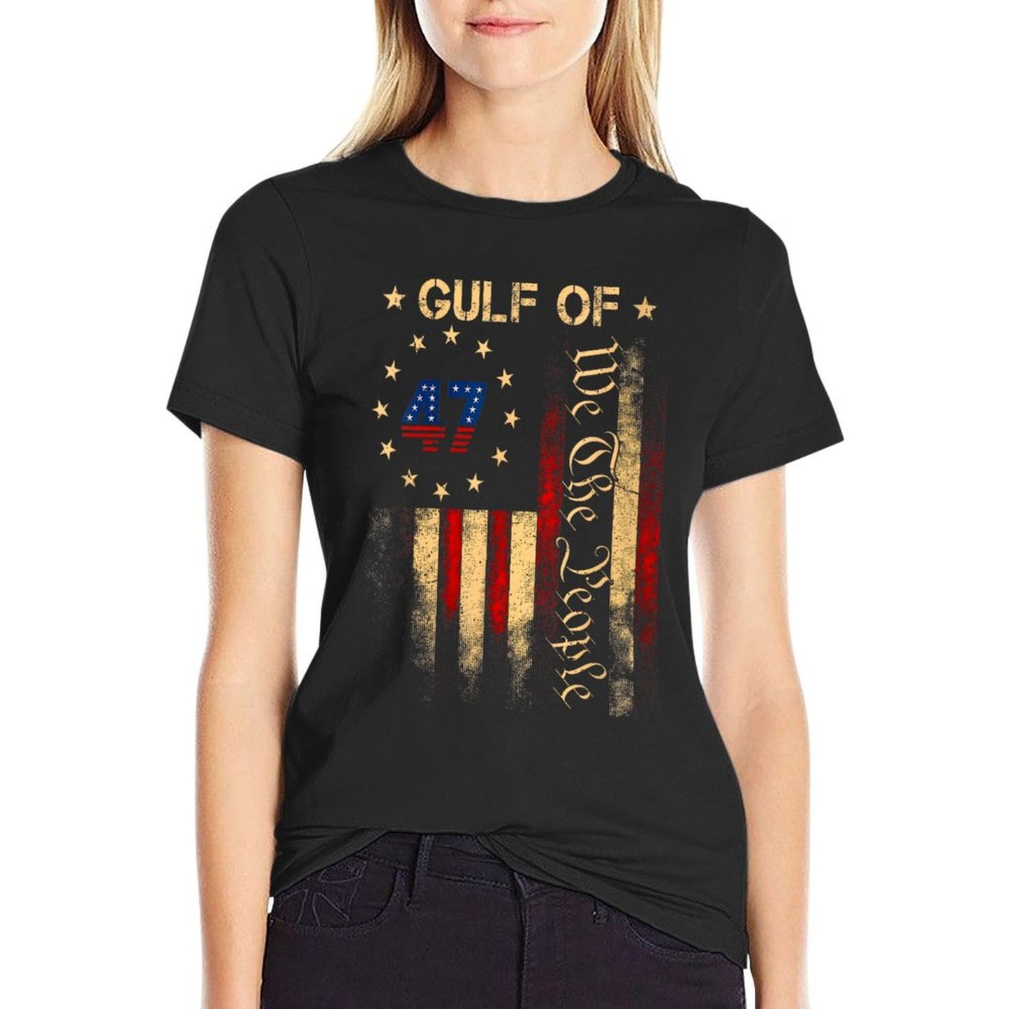 Womens Gulf of USA America Funny USA Flag V-Neck Graphic-printed T-Shirt