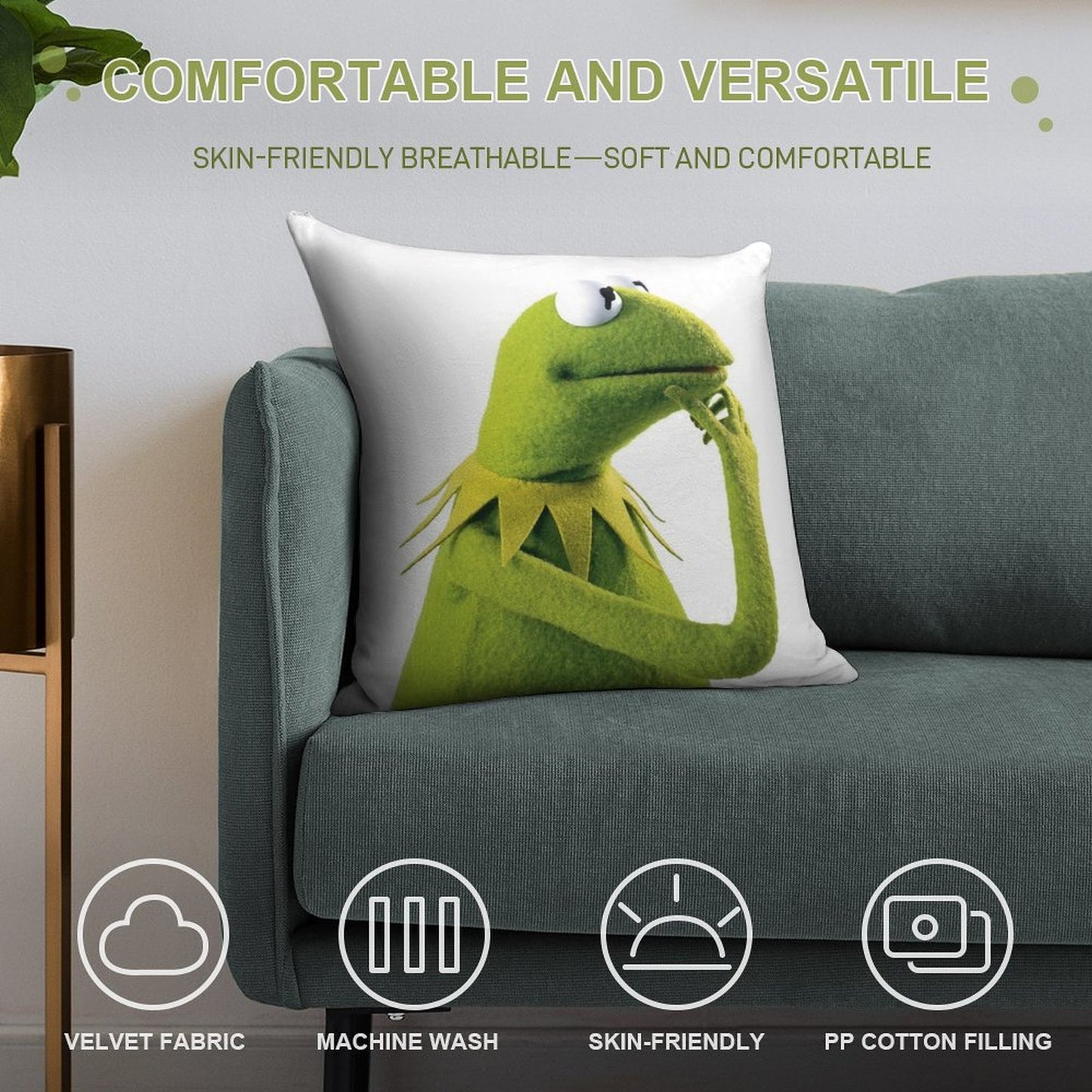 Kermit Contemplating, An Aesthetic Soft Reinforced Edging Throw Pillow