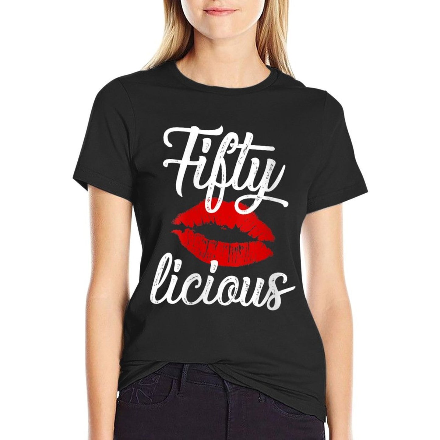 Womens Fifty Licious Sexy Lips Funny 50th Birthday Party Outfit Summer-ready Fabric T-Shirt