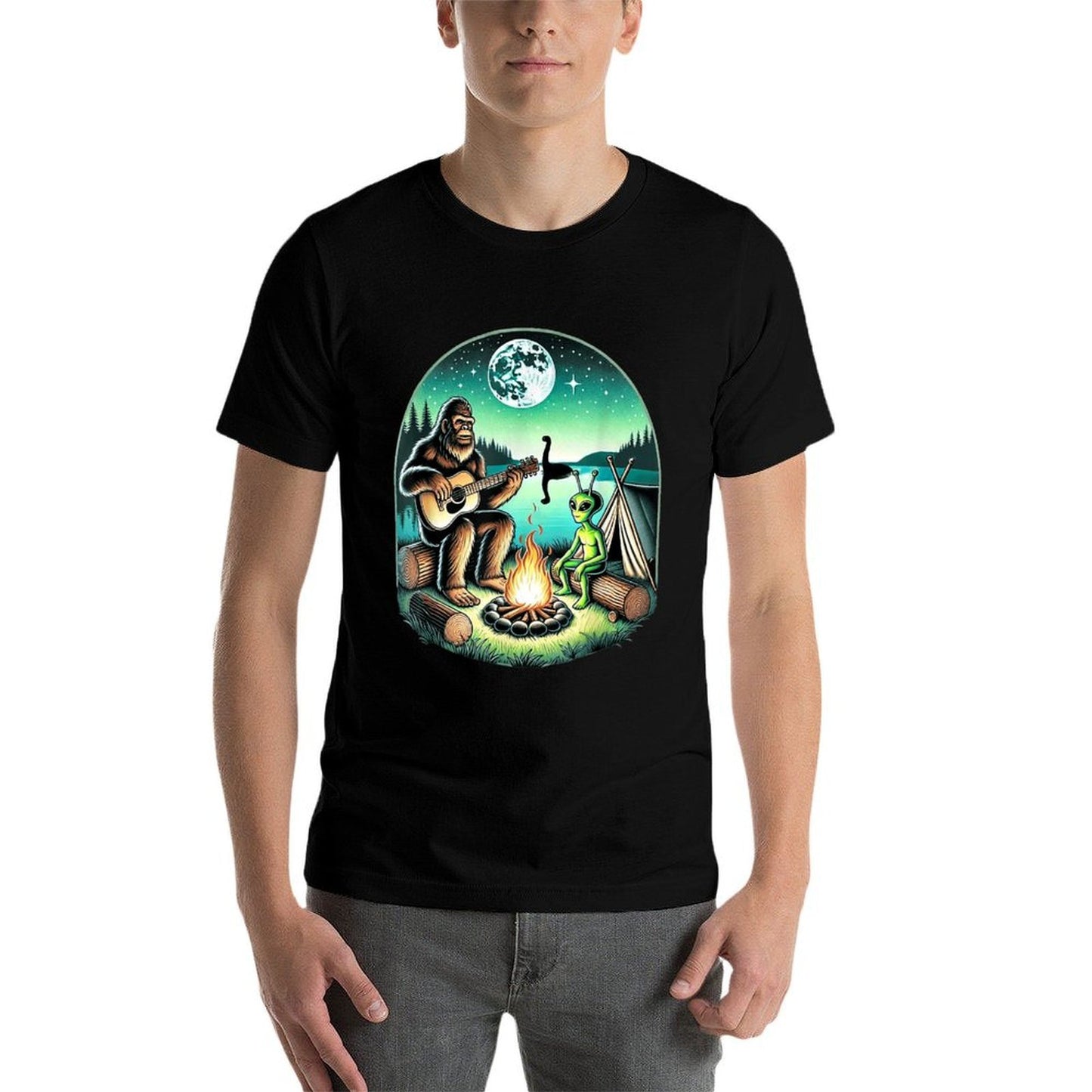 Alien And Bigfoot Loch Ness Campfire Sasquatch Guitar Affordable Price T-Shirt