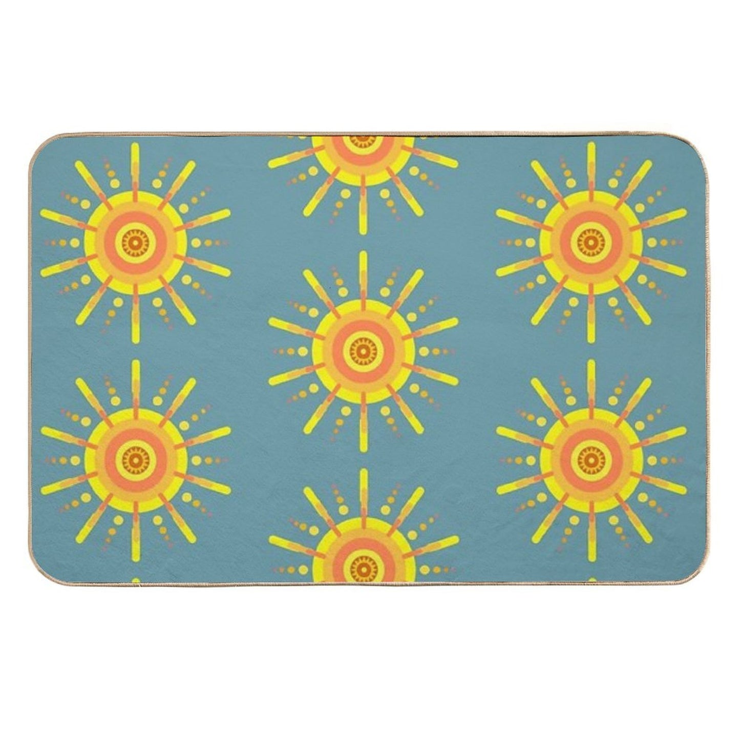 Yellow Sun Pattern Retro Style Design Blue High-Traffic Bath Mat