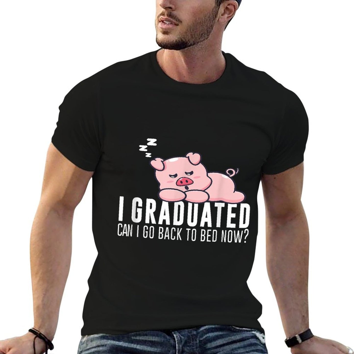 Funny I Graduated Can I Go Back To Bed Now Graduation Pig Rolled Sleeves T-Shirt