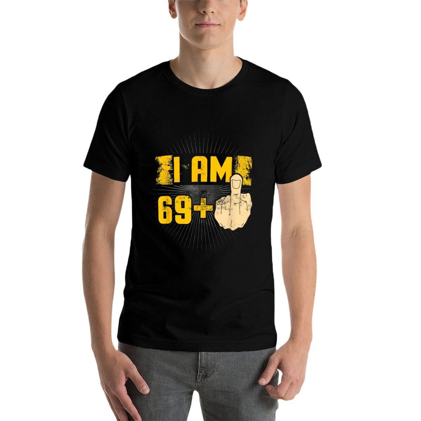 I Am 69 Plus One Middle Finger Funny 70th Birthday Ribbed Collar T-Shirt