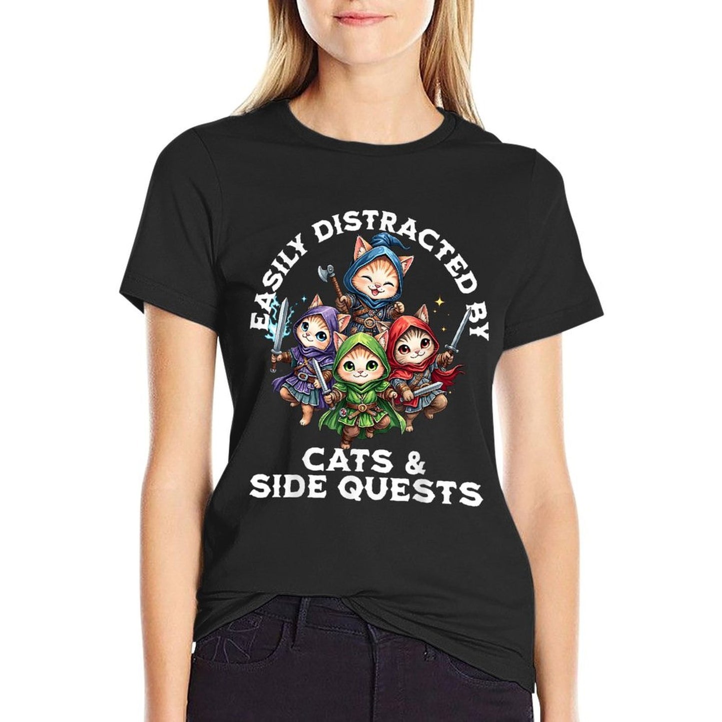 Easily Distracted by Cats And Side Quests Funny Gamer Cat Polyester Blend T-Shirt