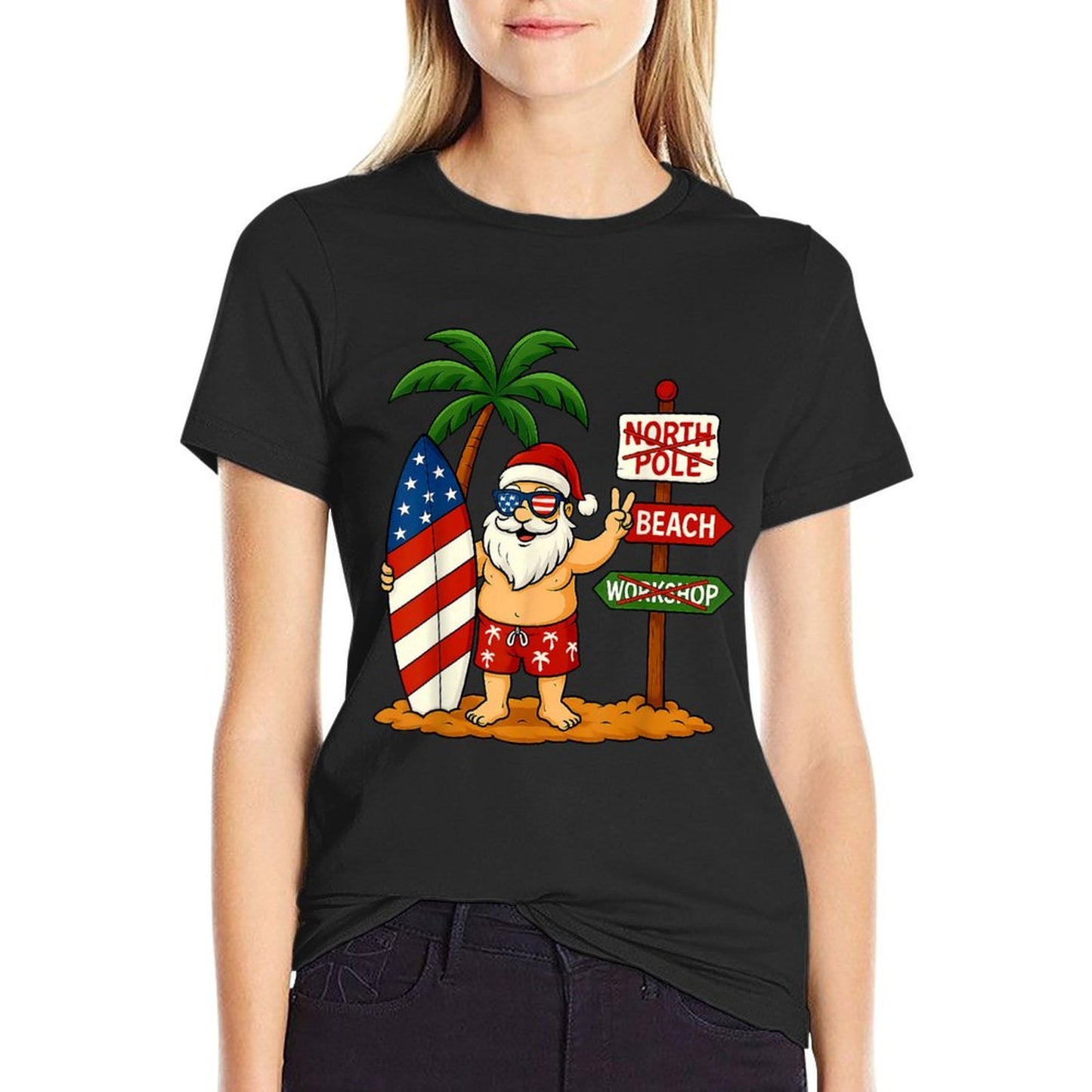 Christmas In July Santa & Surfboard USA 4th Of July Odor-resistant T-Shirt