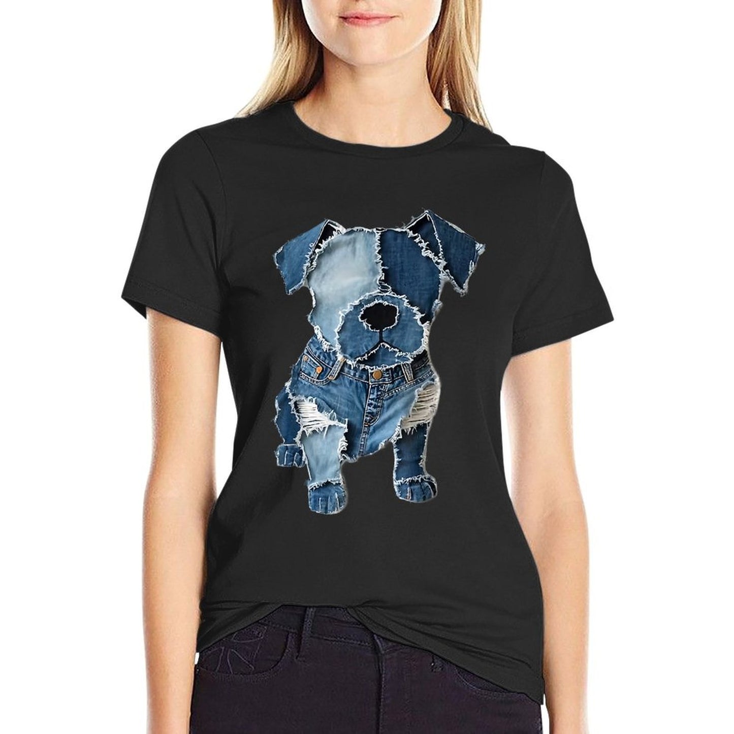 Dog Pattern Denim Patchwork Art Fade-proof Color T-Shirt