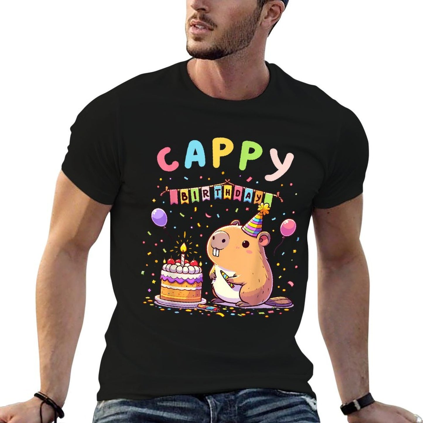 Cappy Birthday Capybara Lovers Girl Boy Happy Birthday Party Oversized Silhouette T-Shirt
