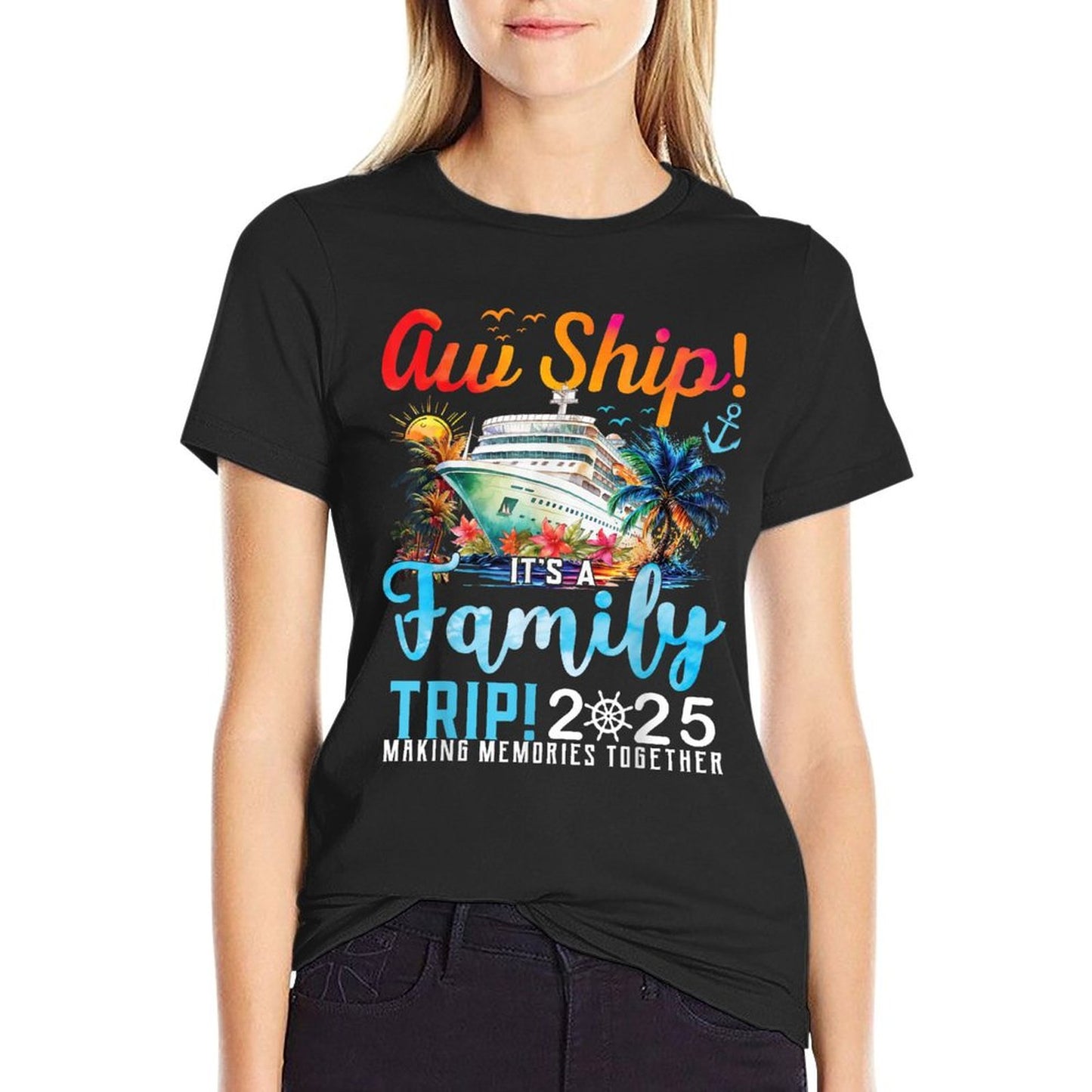 Aw Ship It's A Family Trip 2025 Family Matching Cruise Trip Oversized Silhouette T-Shirt