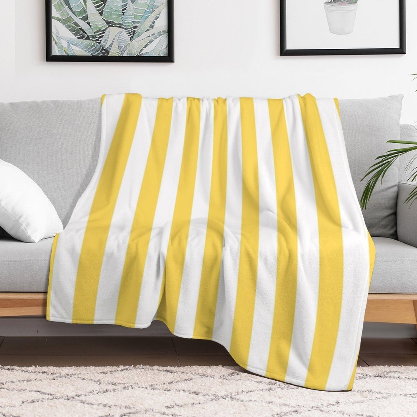 Yellow And White Vertical Stripes Plush Throw Blanket