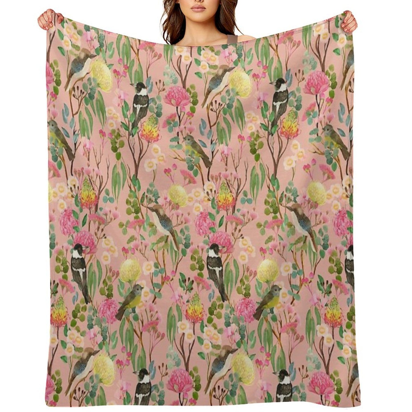 Australian Birds And Blooms Native Flora Chinoiserie Wrinkle-free Throw Blanket