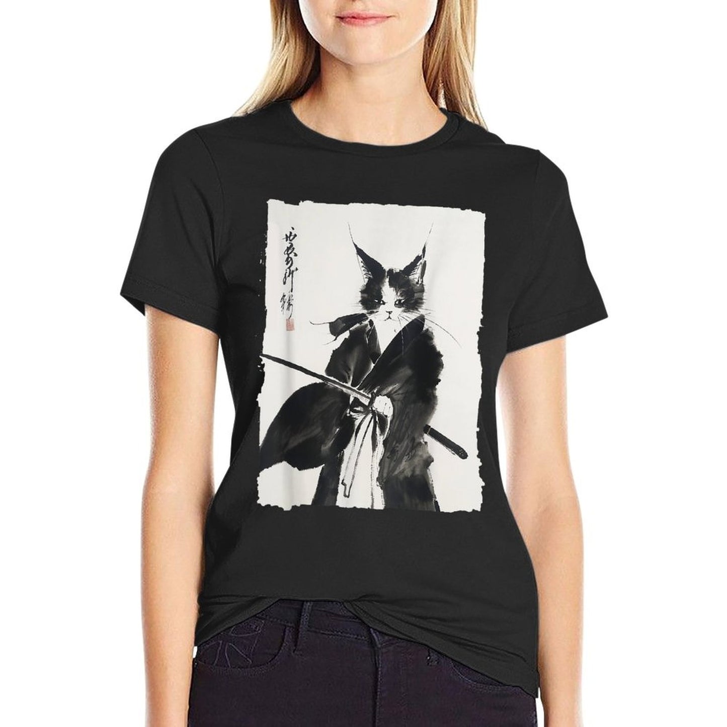 Samurai Cat Vintage Ukiyo-e Warrior Art Graphic Cat Art Soft T-Shirt
