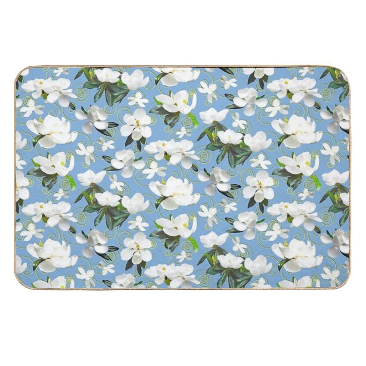 Bright Magnolia Floral Halfdrop on Blue 80afda Fade-Resistant Bath Mat