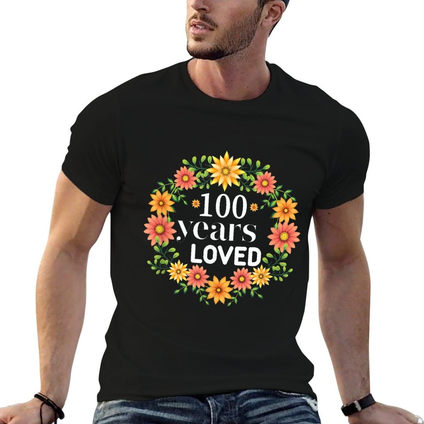 100 Years Loved Mommy Grandma Floral 100th Birthday Ribbed Collar T-Shirt