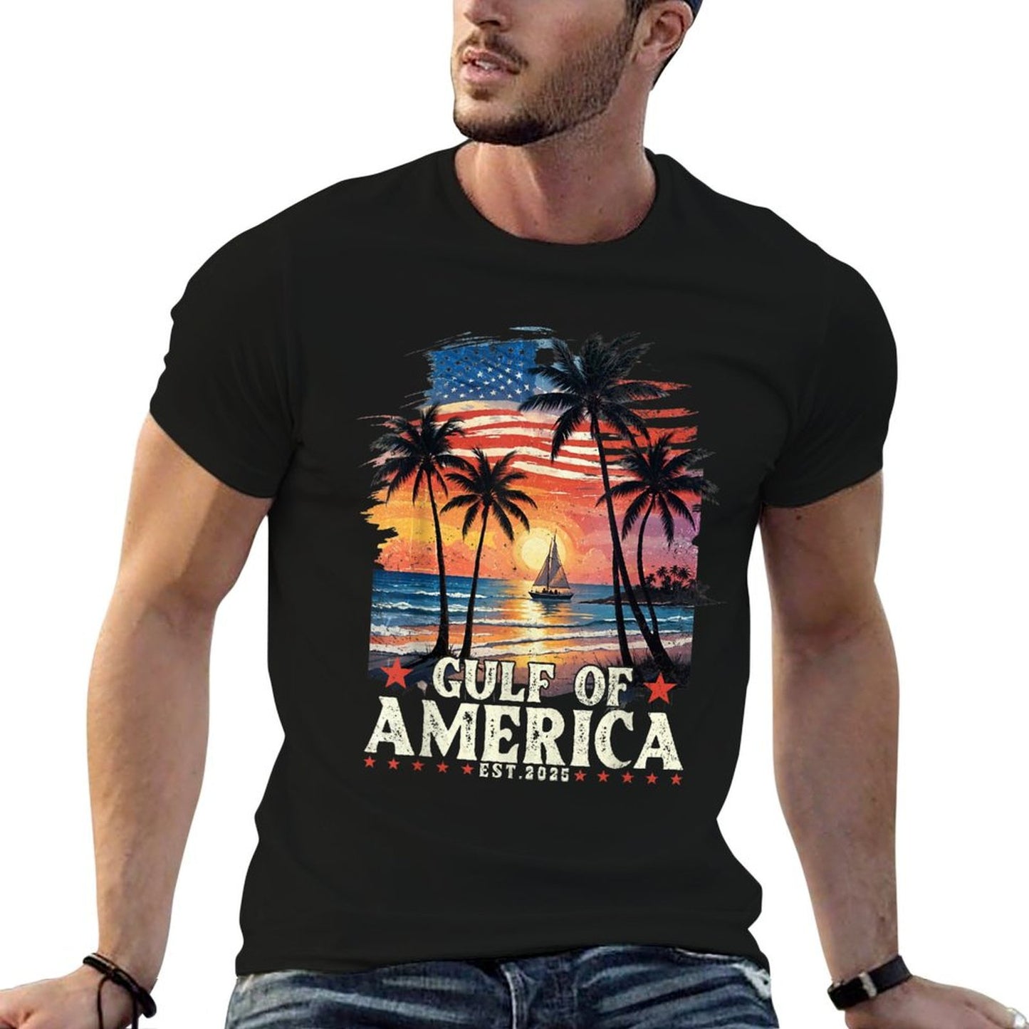 Retro Gulf Of USA America 2025 American Flag Gulf Mexico Graphic-printed T-Shirt