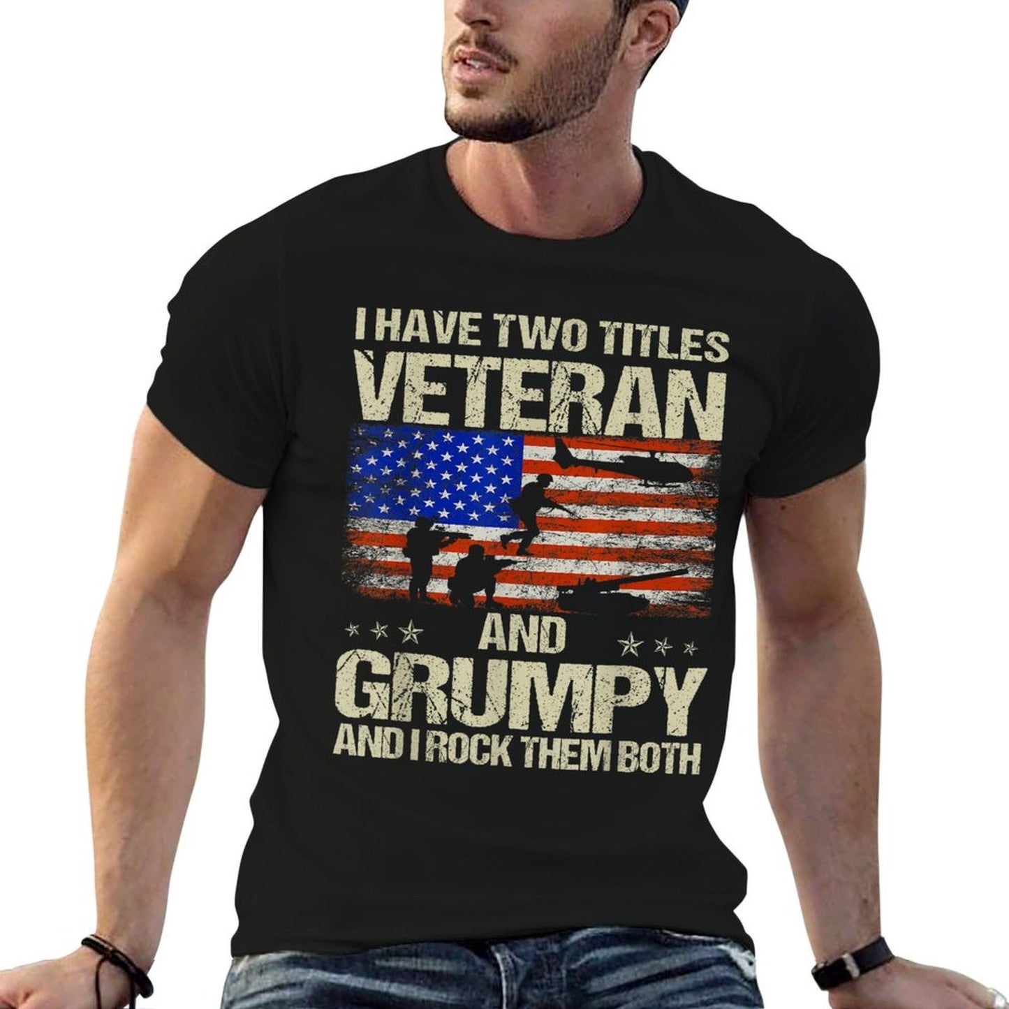 I Have Two Titles Veteran And Grumpy Funny Dad Papa Grandpa Polyester Blend T-Shirt