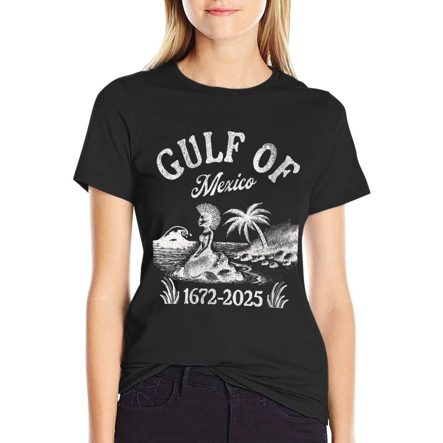 Womens Gulf Of Mexico Name Change America Retro Vintage 1672-2025 Rolled Sleeves T-Shirt
