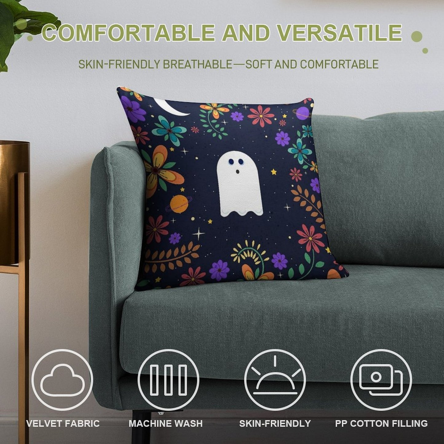 Spoopy Cute Ghost. Halloween Decor. Cute Ghost Dia De Los Muertos. Orange All Hallows Eve Floral Illustration. Soft Washable Throw Pillow