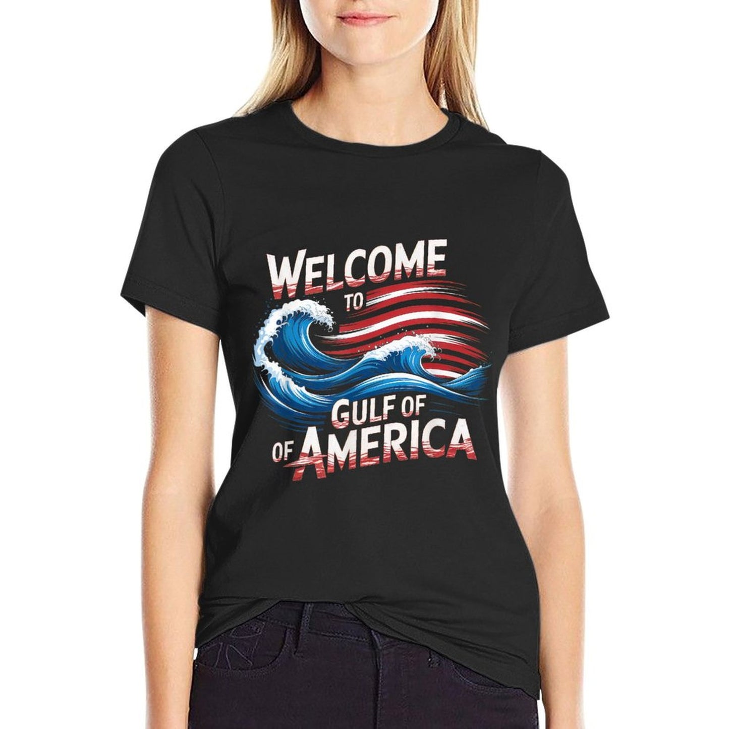 Gulf Of USA America Gift Men Women Flag Beach Ribbed Collar T-Shirt