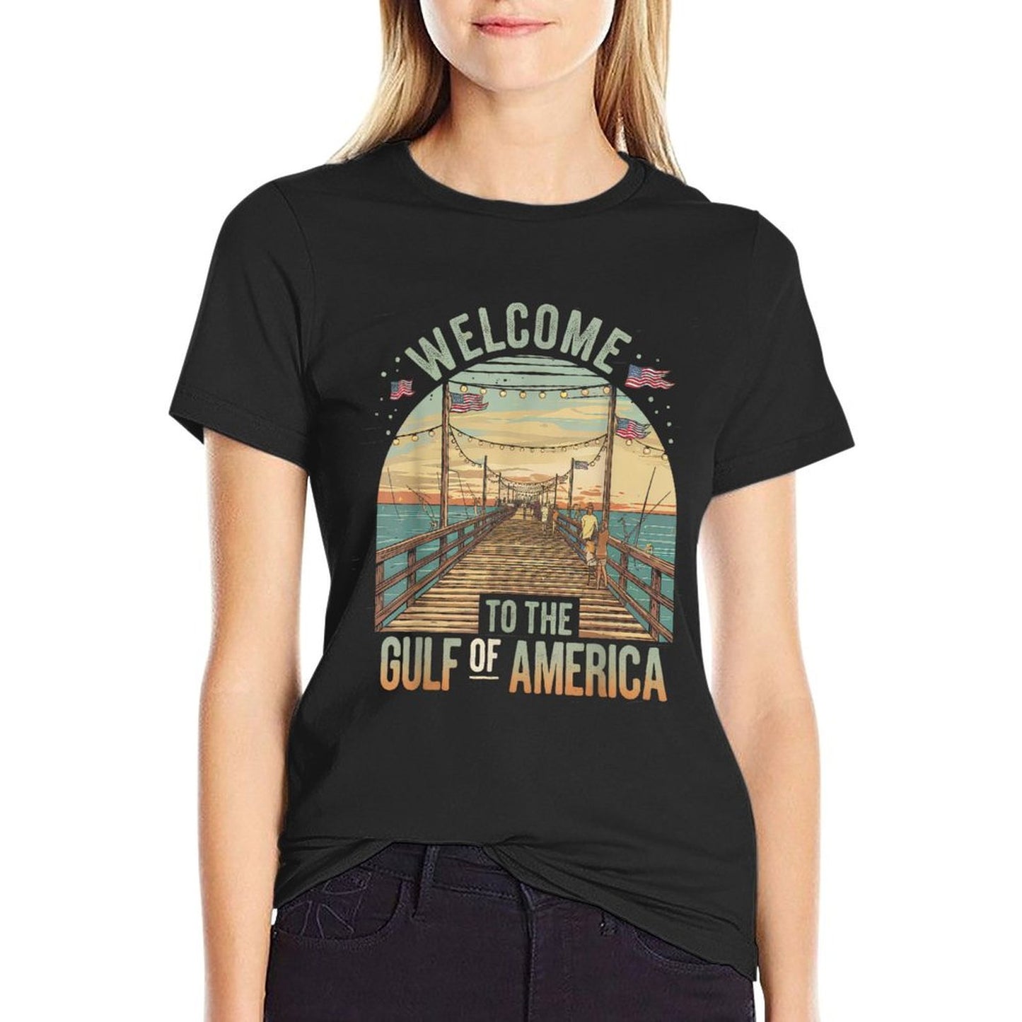 Gulf Of USA America Gift Men Women Flag Beach Oversized Silhouette T-Shirt