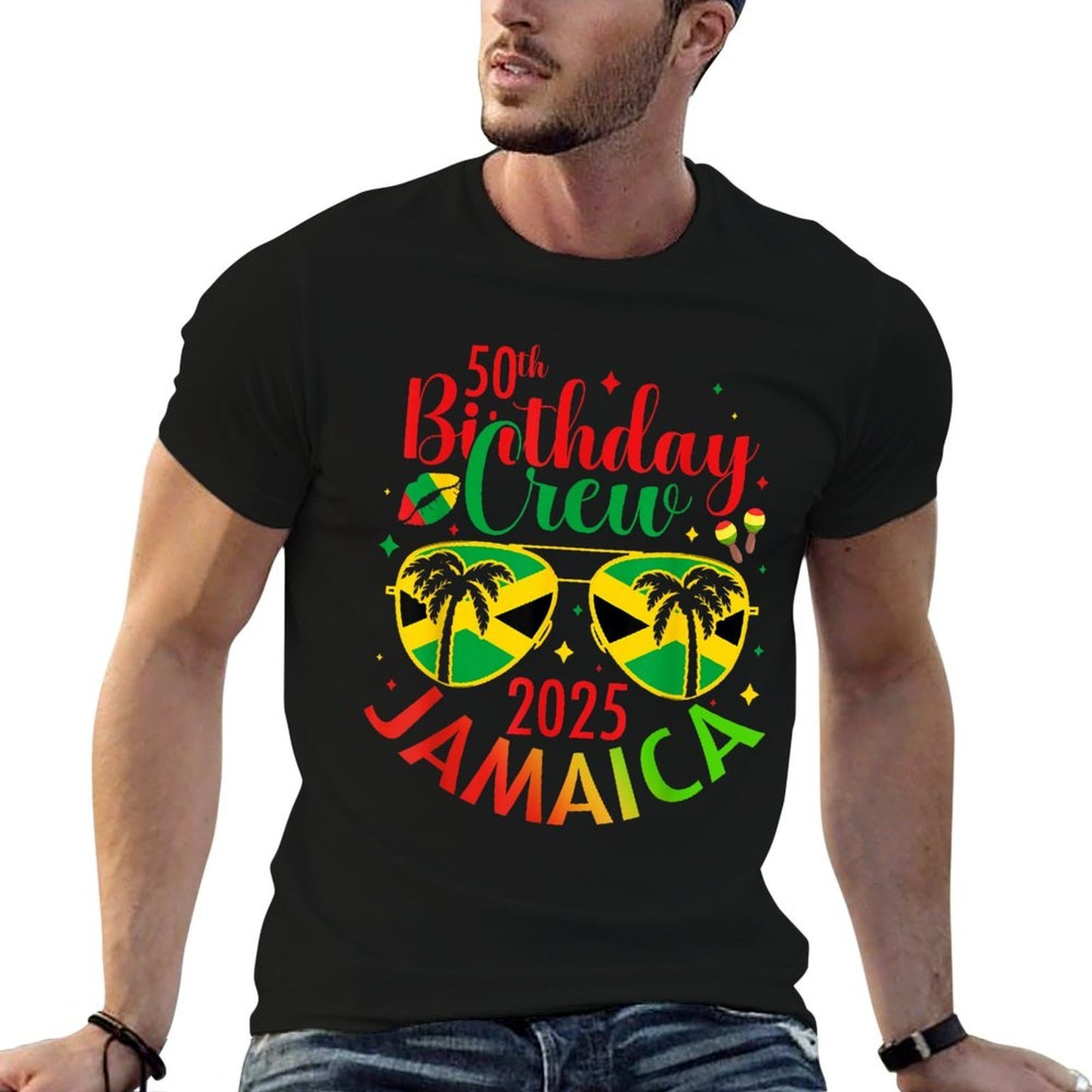50th Years Old Birthday Crew Jamaica Trip 2025 Party Match Rolled Sleeves T-Shirt
